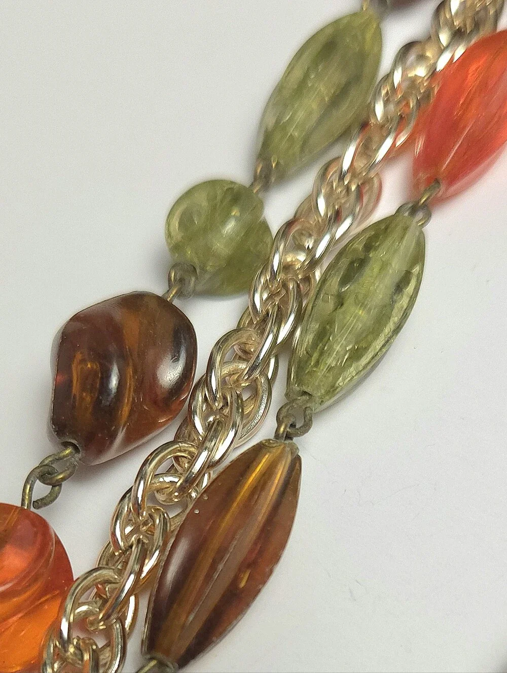 Vintage Orange Green & Brown Acrylic Beaded Multi Strand Necklace 1950s Germany